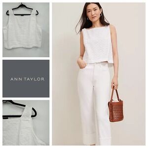 Ann Taylor White Eyelet Square‎ Neck Sleeveless Crop Top XXL